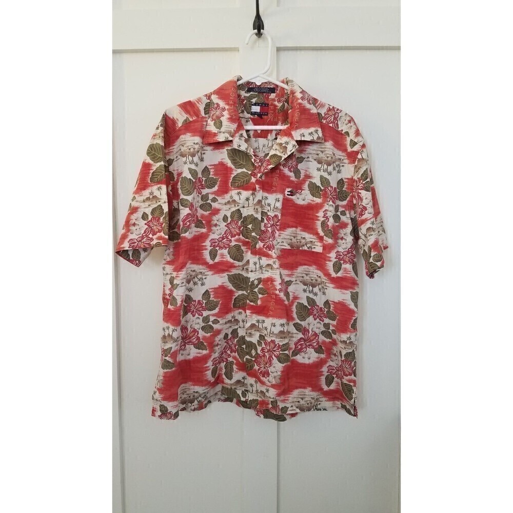 Tommy hilfiger Tropical Button Shirt Mens Large spellout 100% cotton short sleev
